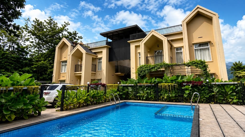 Foggy Woods resort exterior with sparkling swimming pool